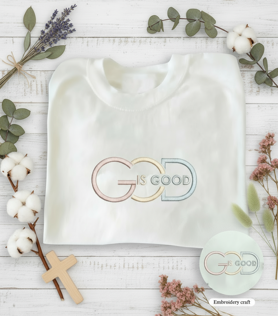 God Is Good Embroidered Pattern Contrast Color Embroidered T-Shirt