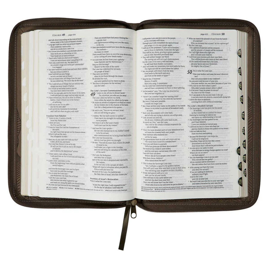 NLT Brown Leaves Faux Leather Flexcover Standard Bible Thumb Indexed With Zip
