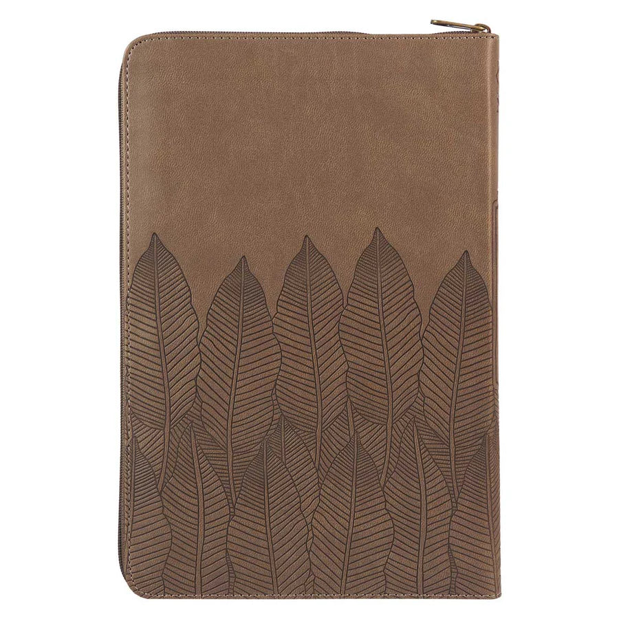 NLT Brown Leaves Faux Leather Flexcover Standard Bible Thumb Indexed With Zip